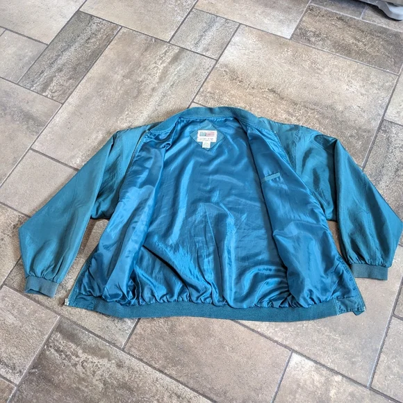 Lucky Star Vintage 100% Silk Luxury Lightweight Unisex Bomber Jacket Size L Teal - Picture 4 of 11